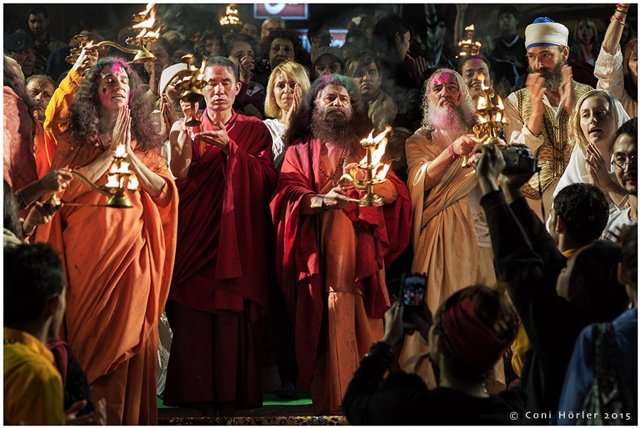 Fire Aarti at river Ganga at the day of Holi Festival